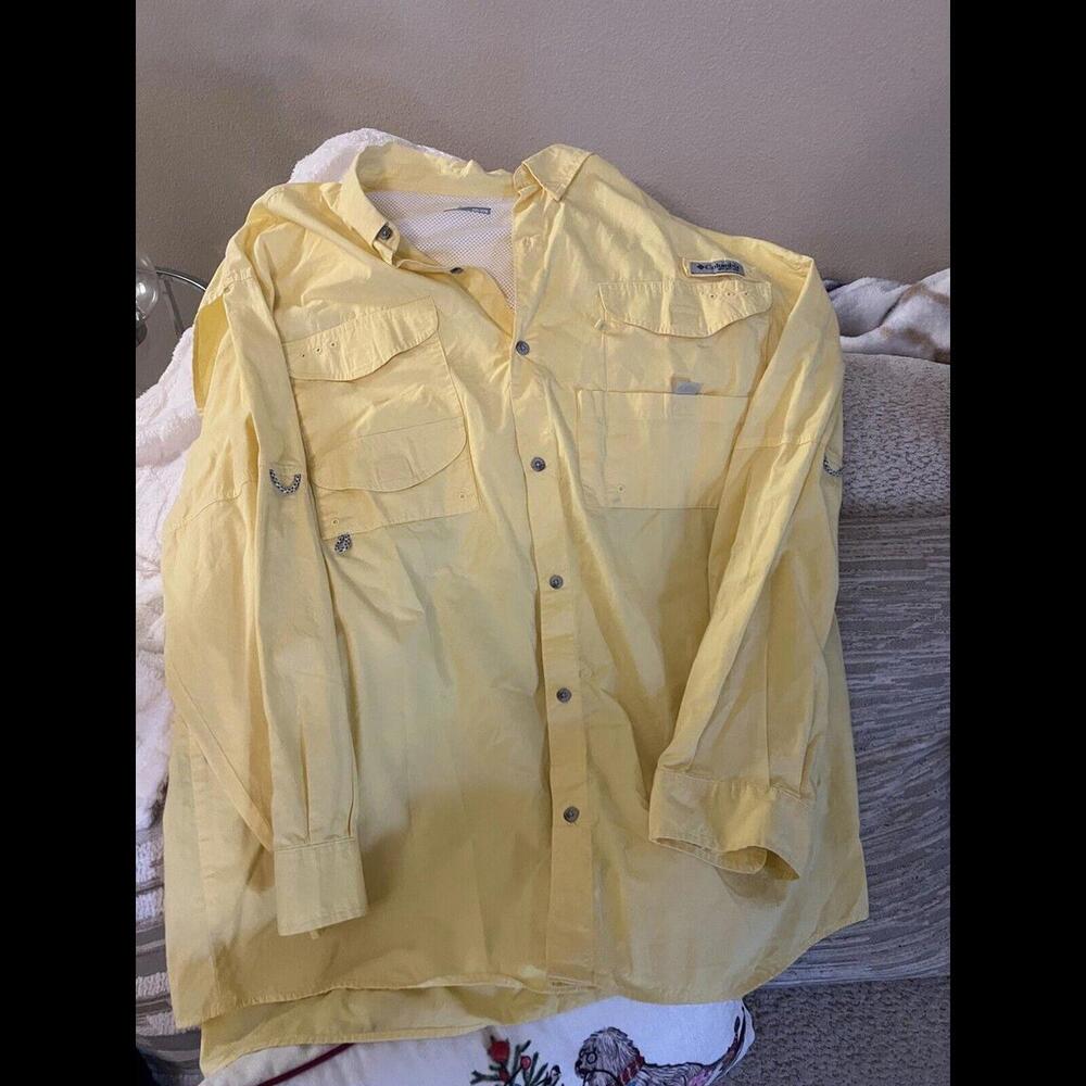 Colombia PFG Omni Shade Men SizexXX L Yellow Nylon Long Sleeve Vented  Shirt